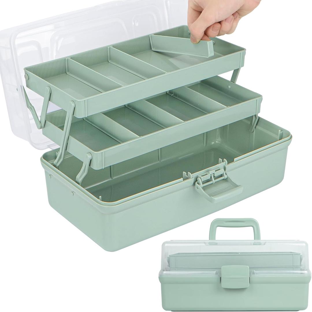 12.5in 3-Layer Multipurpose Craft Organizers and Storage with Adjustable Dividers, Portable Tackle Box, Folding Art & Craft Case for Medicine, Tool, Sewing Organizer (Haze Green) (Large)