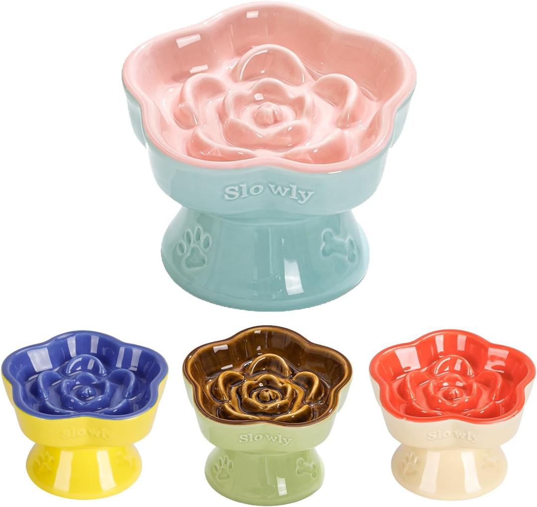 S&Q's CERAMICS Raised Slow Feeder Cat Bowl, Ceramic Elevated and Titled Glass Food Bowl Small Dogs Slow Feeder, Flower Shaped Cute Cat Dish for Dry and Wet Food (Pink, 5.8")