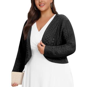 Lastshe Women's Plus Size Shrug Open Front Long Sleeve Cropped Openwork Cover Ups Bolero Dressy Cardigans for Dresses (Black, XXXL)