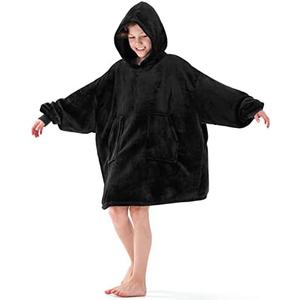 Aemicion Wearable Blanket Hoodie for Kids Super Soft Warm Oversized Hooded Blanket Sweatshirt Hoodie Blanket for Boys Girls Black (Torn Pocket)