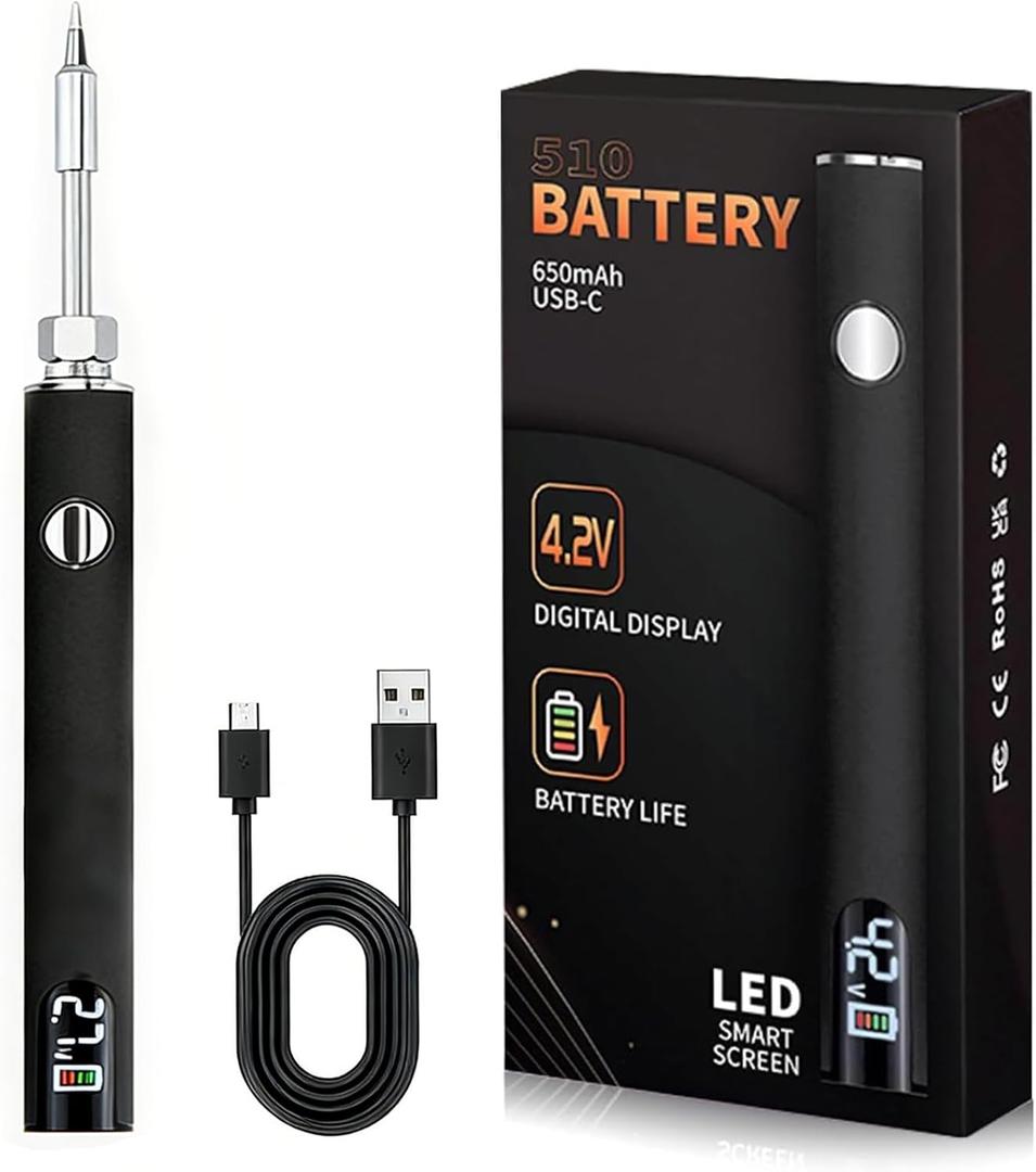 510 Threaded Battery Cart Pen, Portable Cordless Soldering Iron Cart Pen, USB-C Rechargeable with LED Screen, 650mAh Adjustable Temperature for Electronics Repair, DIY, & Phone Fix (Black)