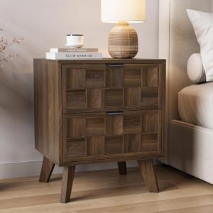 Smuxee Walnut Wooden Nightstand with 2 Drawers, Mid Century Night Stand with Embossed Checkerboard Doors, Bedside Table with Solid Feet, Modern End Side Table for Bedroom