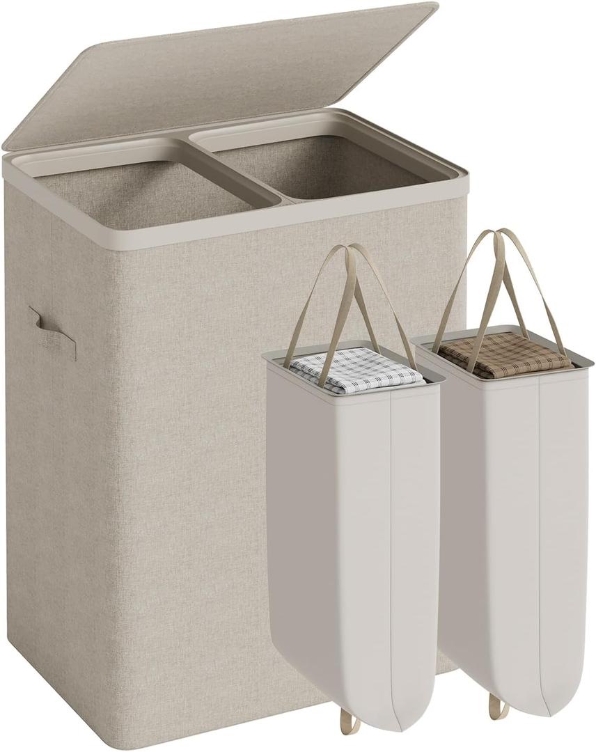 Double Laundry Hamper with Lid, 150L Laundry Basket 2 Compartments, Dirty Clothes Hamper with Handles and Removable Liners for Laundry Room, Easy Assembly, Beige