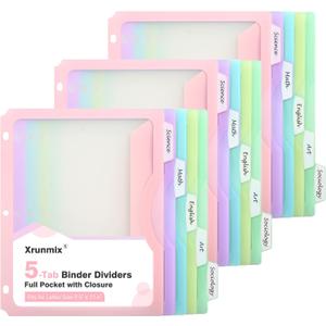 15 Counts Dividers with One Full Pocket, 5-Tab Binder Dividers for 3 Ring Binder, Recipe Binder Dividers for US Letter Size 8.5 x 11', Index Dividers for Back to School, Pastel Color (3)