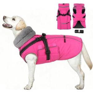 PETDSH Dog Coat Large, Built-in Harness Dog Jacket with Warm Fleece Lining, Waterproof Reflective Dogs Winter Coat, Pet Coats with Pocket and Trash Bags (Pink, XX-Large)