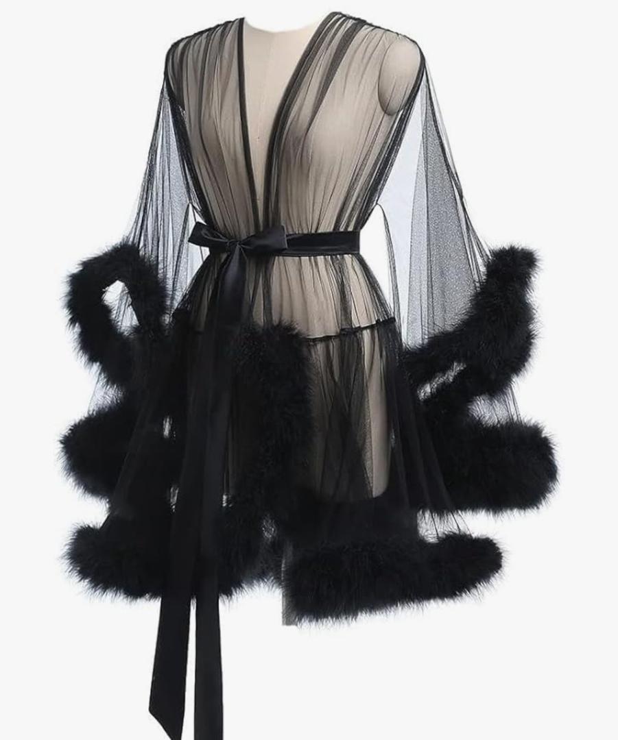 Robes For Women Tulle Robe with Faux Fur Trim, Sexy,Soft and Comfortable,Perfect for Spa Nights and Maternity Photoshoot Large