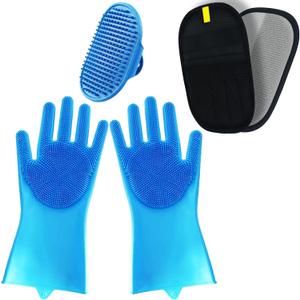 3PCS Pet grooming kit ,Pet hair removal glove | Dog Bath Brush | Pet Grooming Glovesc, Newly Upgraded Reusable Electrostatic Pet Hair Gloves & dog bath gloves for dog grooming & pet hair cleaning