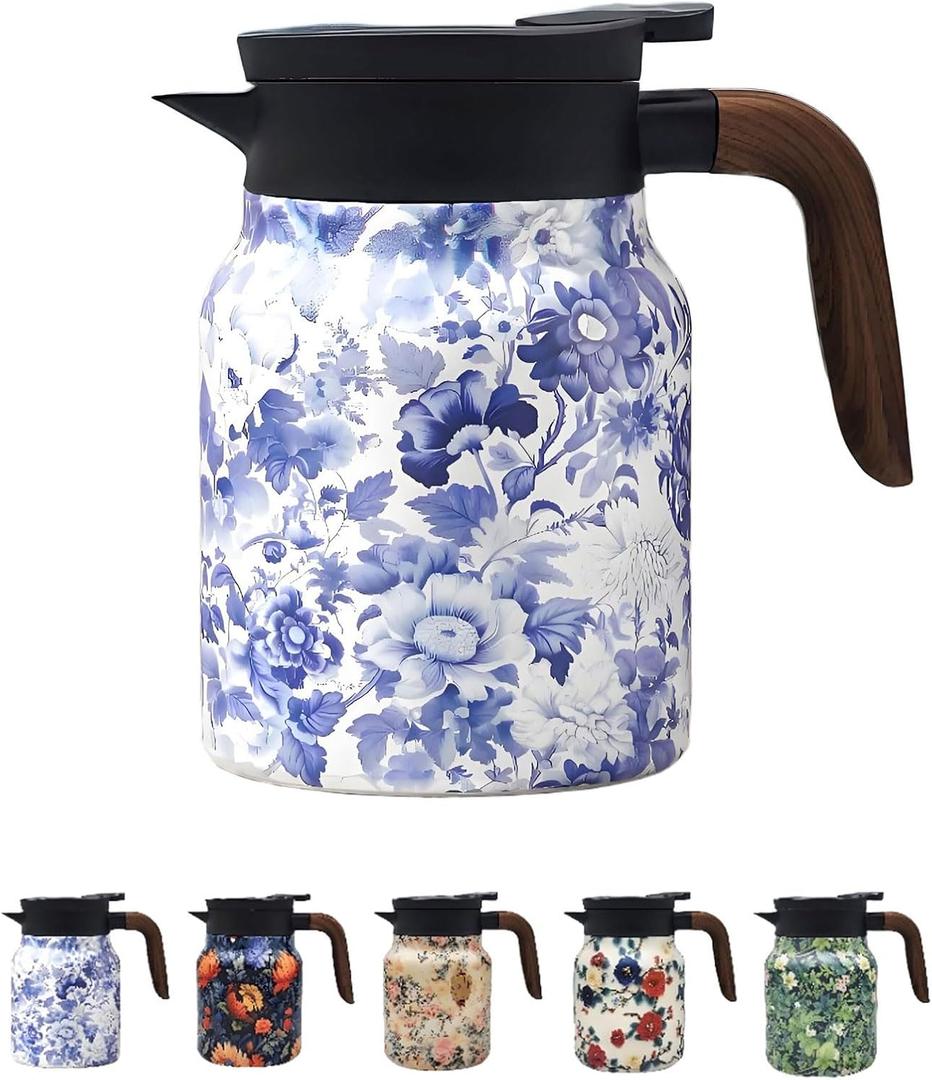 Vintage Pattern Coffee Carafes, 35 Oz/1 Liter - Hot and Cold With Infuser, Perfect for Parties/Home Use(Blue and white porcelain)