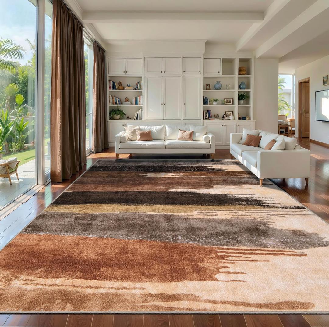 Ciicool Modern Abstract Rug for Living Room, 9'x12' Machine Washable Area Rug Non-Slip Rug, Low-Pile Contemporary Indoor Dining Floor Carpet for Bedroom Office Under Table Home Decor Brown Black