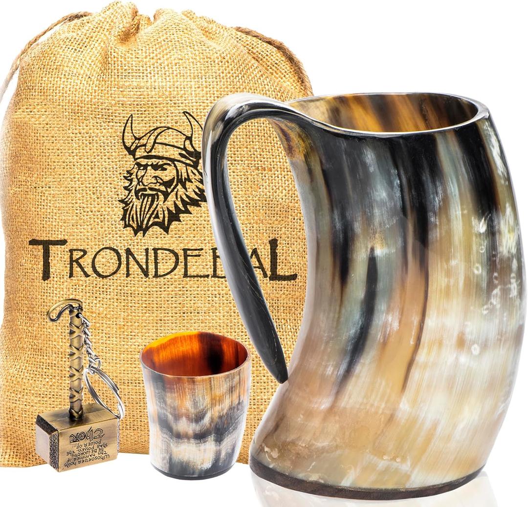 Pack of 9 Viking Drinking Horn Mug - Unique Gifts for Men, 15-20 Oz Natural Ox Horn Cup & Cofee Stein | Cool Unique Gift for Brother or Dad, Home Decor Accessories | Shot Glasses for Beer, Ale, Mead, Whiskey