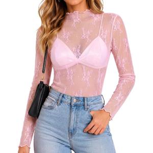 Girece Lace Tops for Women Long Sleeve Mock Neck Mesh Top Sexy Sheer Shirts See Through Floral Blouses (Pink, XL)