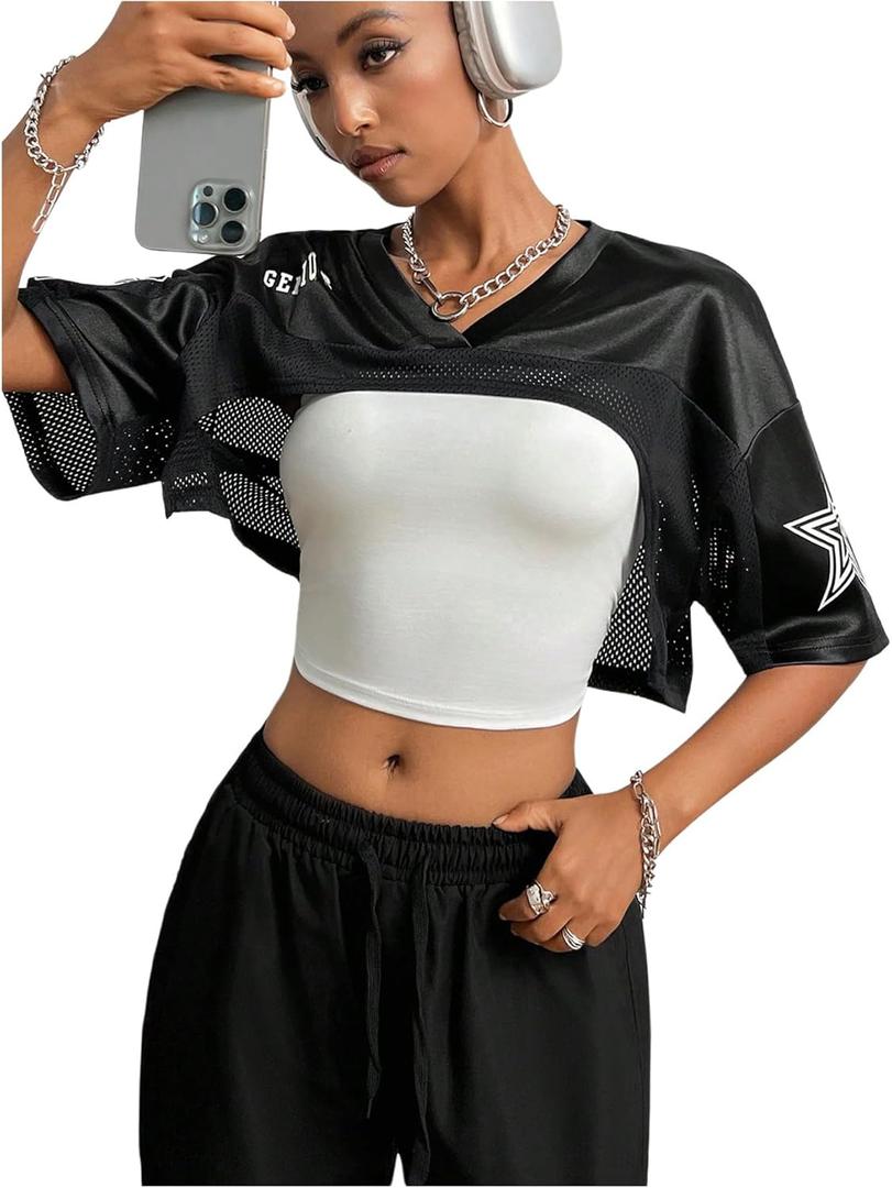 MakeMeChic Cropped Jersey Shirts for Women Half Sleeve Y2k Crop Tops Shrugs V Neck Graphic Tee (Small, Black) MakeMeChic Cropped Jersey Shirts for Women Half Sleeve Y2k Crop Tops Shrugs V Neck Graphic Tee (Small, Black)