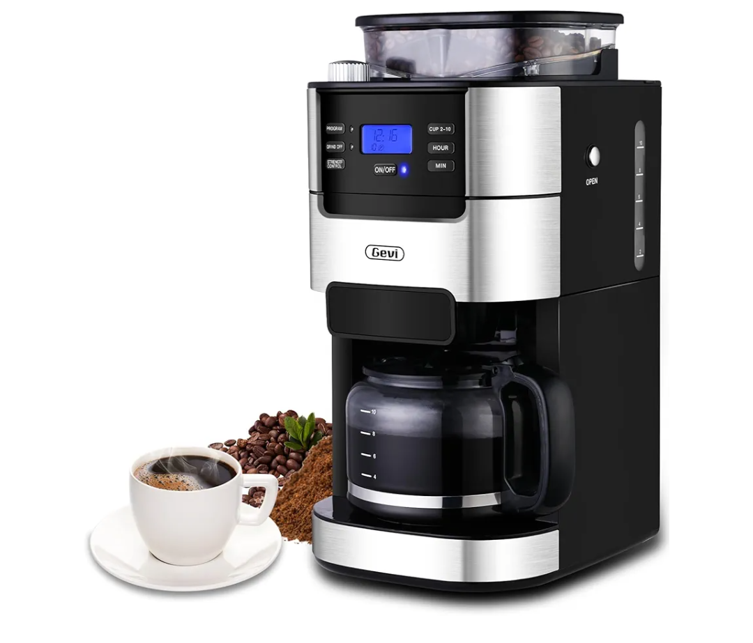 Gevi 10-Cup Coffee Maker with Built-in Burr Grinder, Programmable Timer, 1.5L Water Tank, Reusable Filter & Warming Plate – Drip Coffee Machine for Fresh Ground Coffee