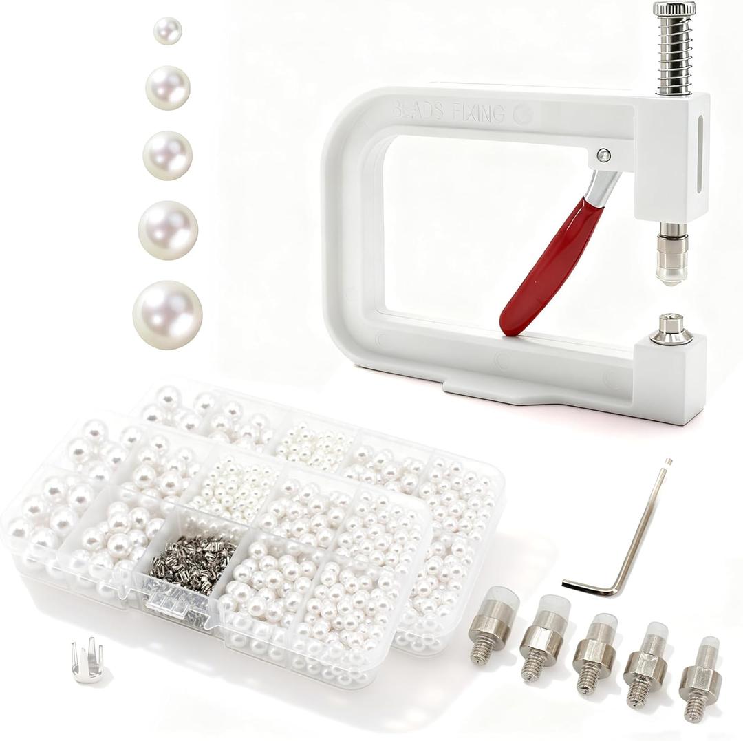 Pearl Setting Machine Hand Press Tools 2 Boxes White No Holes Pearl Beads with Rivet Studs Screw Heads L Hexagon Wrench for Decorating Clothes Hat Trousers Dresses Bag Hair Band DIY Crafts (White)