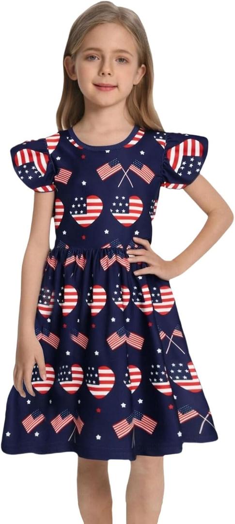 RONGTAI Girls 4th of July Dress Kids American Flag Patriotic Stars Striped Summer A Line Dresses for Kids Independence Day (5-6 Years)