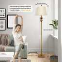 Gold Vintage Floor Lamp for Living Room, Traditional Mid-century Floor Lamp with Elegant Silk Fabric Lampshade, 64inch Tall Standing Lamp Bedroom LED Pole Lamp, Retro Stand Up Lamp for Home Office