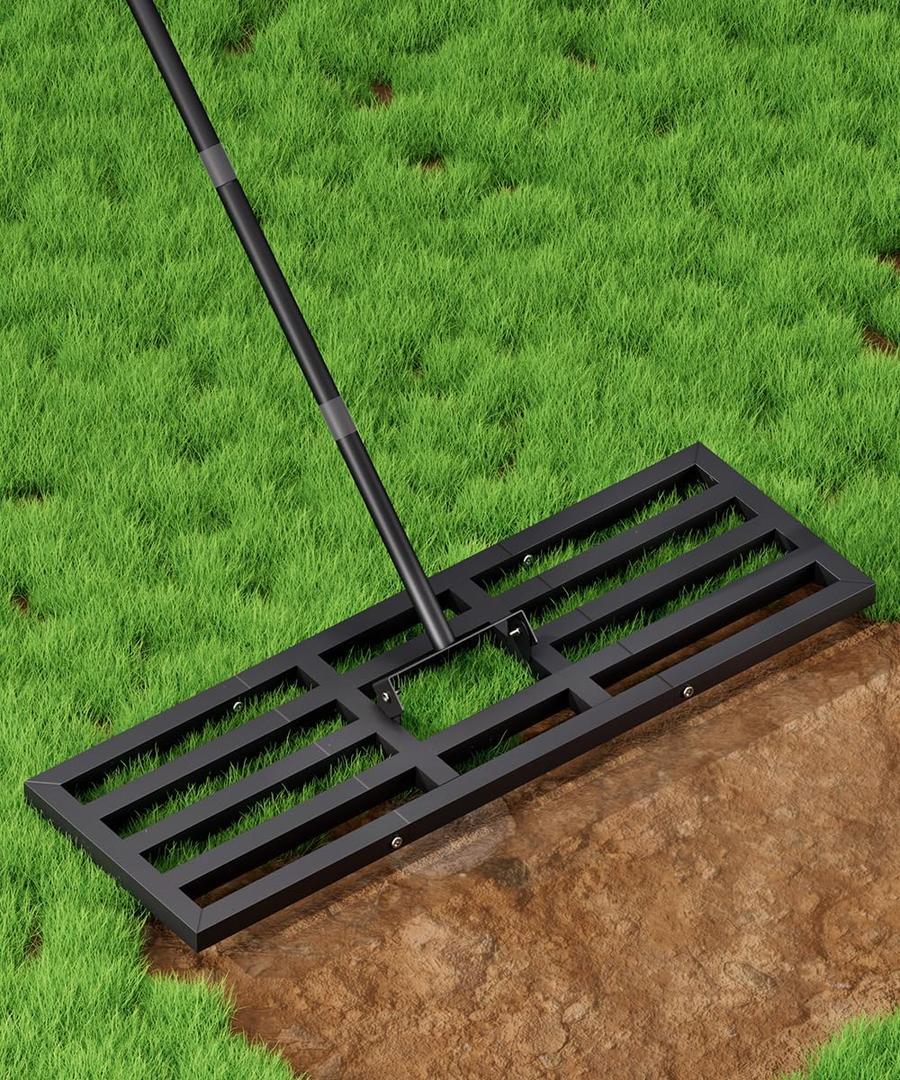 Lawn Leveling Rake 44x10 inch, Heavy Duty Lawn Leveler Tool with 77 Adjustable Long Handle, Powder-Coat Steel Garden Rake, Ground Leveler for Yard Smoothing Soil Grass Dirt Sand, Black