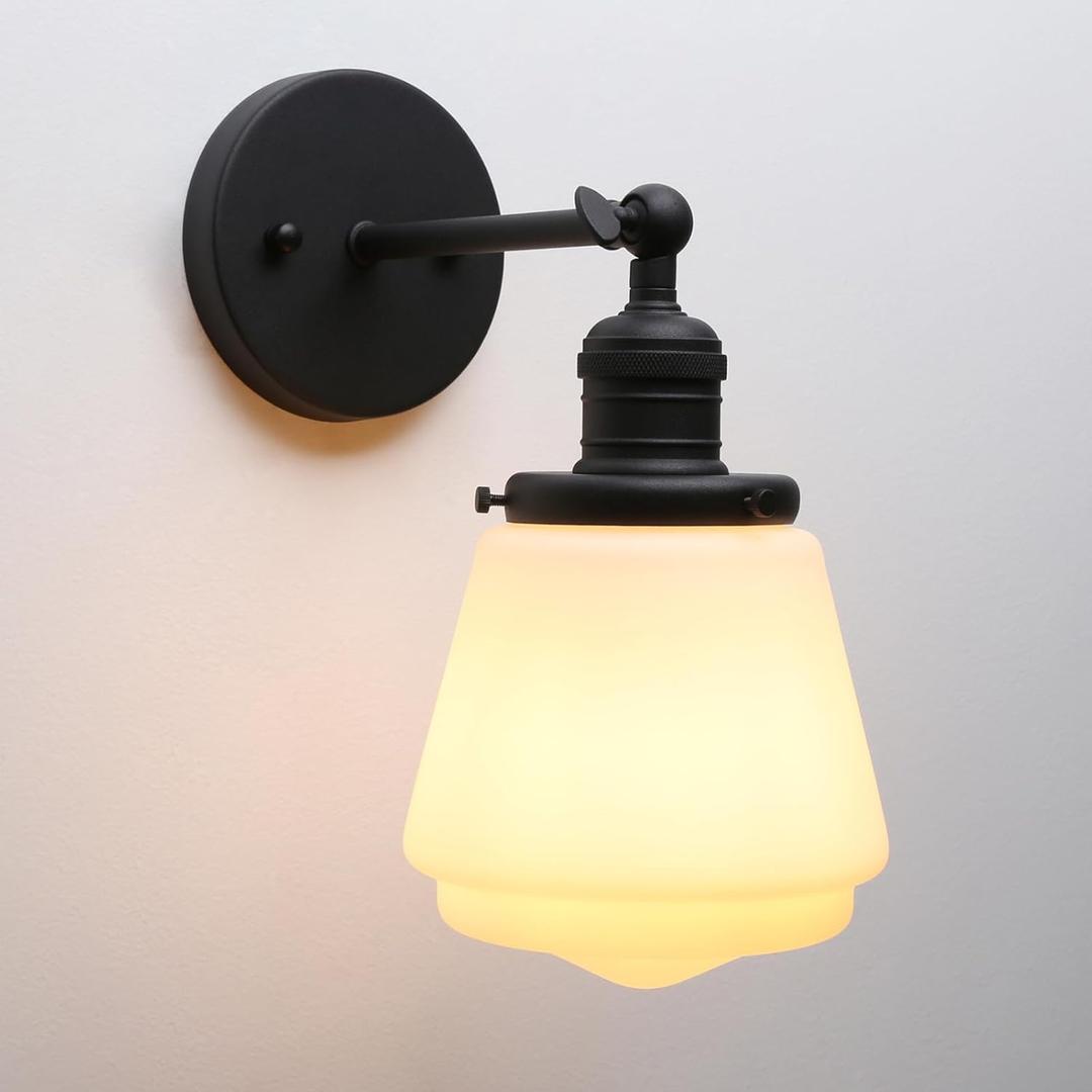 1-Light Vintage Wall Sconce Light Fixture with Milk White Glass Shade, Industrial Indoor Wall Lamp for Living Room Bedroom Bathroom Over Kitchen Sink (Black)