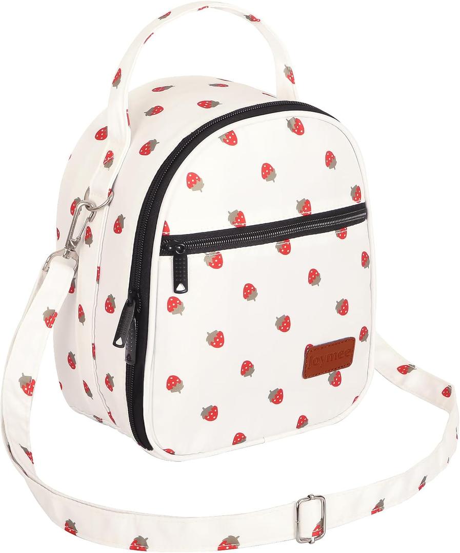 Joymee Lunch Box Insulated Lunch Bag Women Men Reusable Cooler Bag Adult Cute Lunch Tote Bags with Front Zipper Pocket, Adjustable Shoulder Strap for Work Office Picnic Travel, Beige-Strawberry