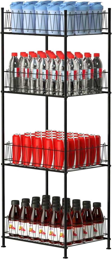 ETELI Water Bottle Organizer 4 Tier Free Standing Water Bottle Holder Storage Rack Floor Metal Drink Soda Can Organizer for Pantry Kitchen Food Storage, Black
