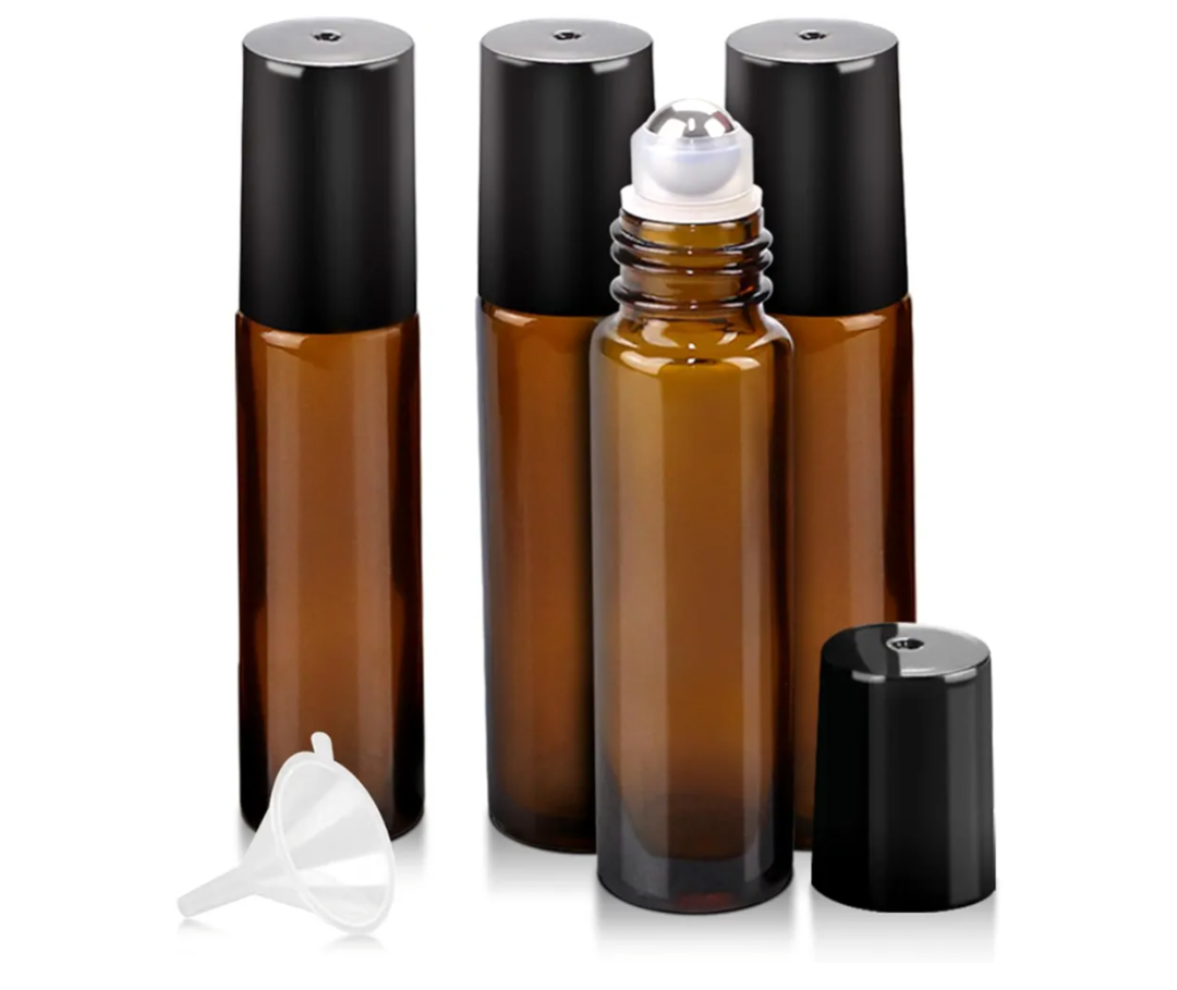 3 Pack Essential Oil Roller Bottles, 10ml Refillable Amber Glass Roller Bottles with Stainless Steel Roller Balls and Caps for Travel, Perfume and Lip Gloss