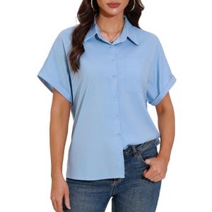 GUANYY Womens Short Sleeve Button Down Shirt Casual Collared Dress Shirt Lightweight Work Top Blouse (Blue, XL)