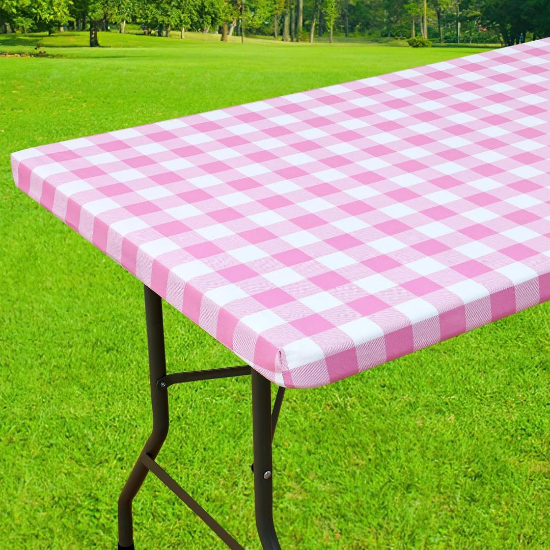 Smiry Rectangle Picnic Table Cloth, Elastic Waterproof Fitted Vinyl Tablecloths, Flannel Backed Buffalo Plaid Table Covers for Dining, Camping, Valentines(White and Pink, 30" x 48")