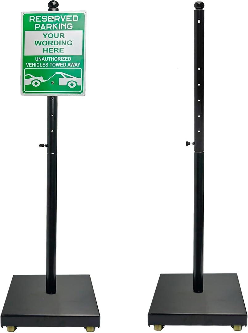 2 Pack Portable Sign Post with Wheels, 14" Dia Iron Square Base, 60" Tall, Heavy Duty Pedestal Post Holder for No Parking Street, Handicap Parking, etc. Comes With Base, Bolts and Nuts, Double-Sided Display, Black