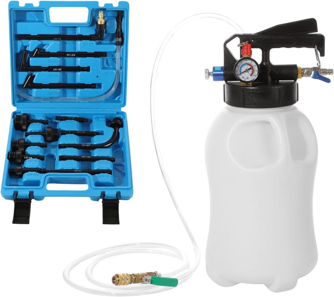 Transmission Fluid Transfer Pump Air Operated, 2 Way Pneumatic ATF Refill Kit, Vacuum Fluid Extractor & Dispenser with 15 Adapters, 3 Hoses, Storage Case for Oil, ATF, Coolant (10L)