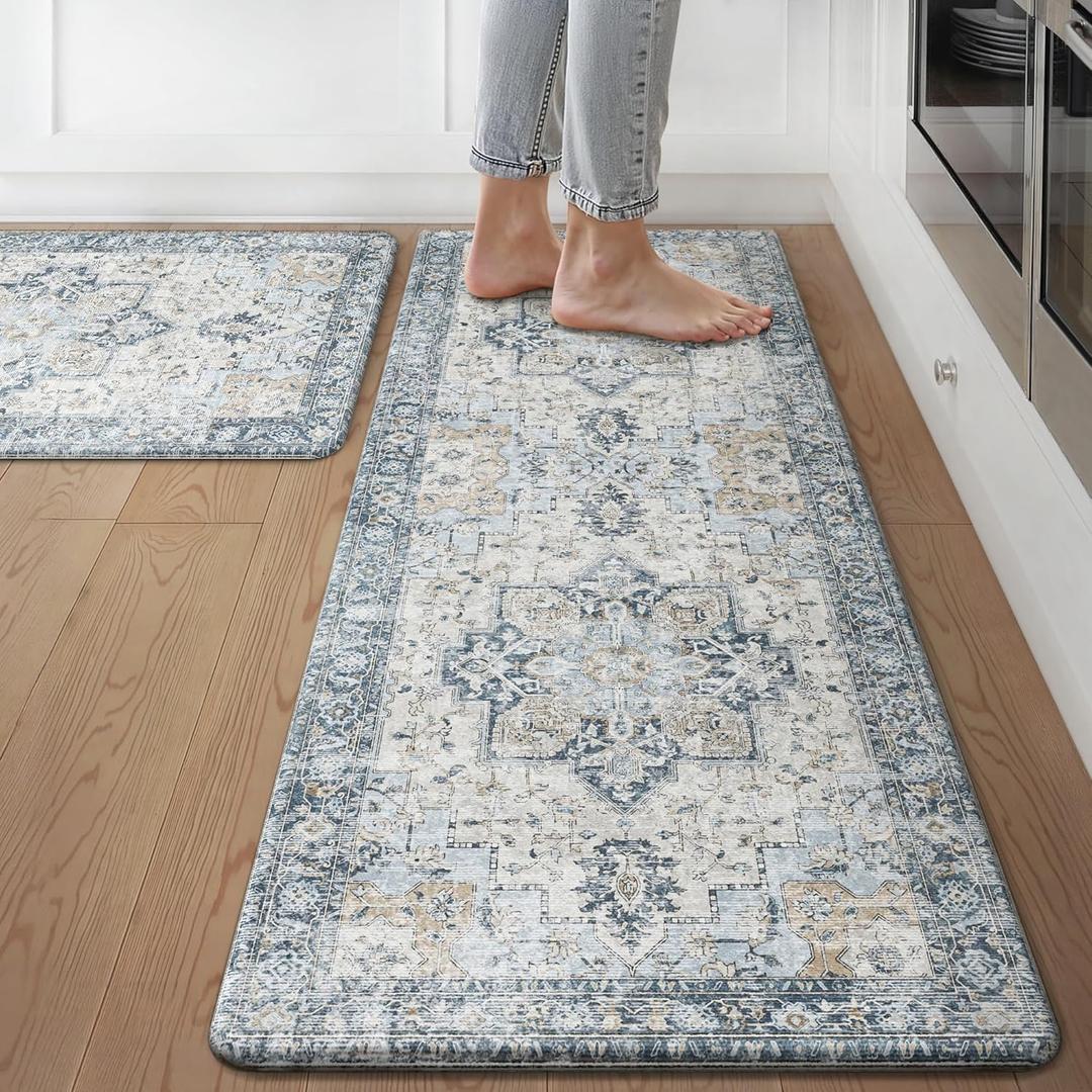 GENIMO Kitchen Mats for Floor 2PCs, Washable Anti Fatigue Mat for Cushioned, 17.3"x47"+17.3"x30", 0.4 inch, Waterproof Kitchen Rug, Non Slip Standing Mat for Home, Runner, Office, Laundry, Light Blue