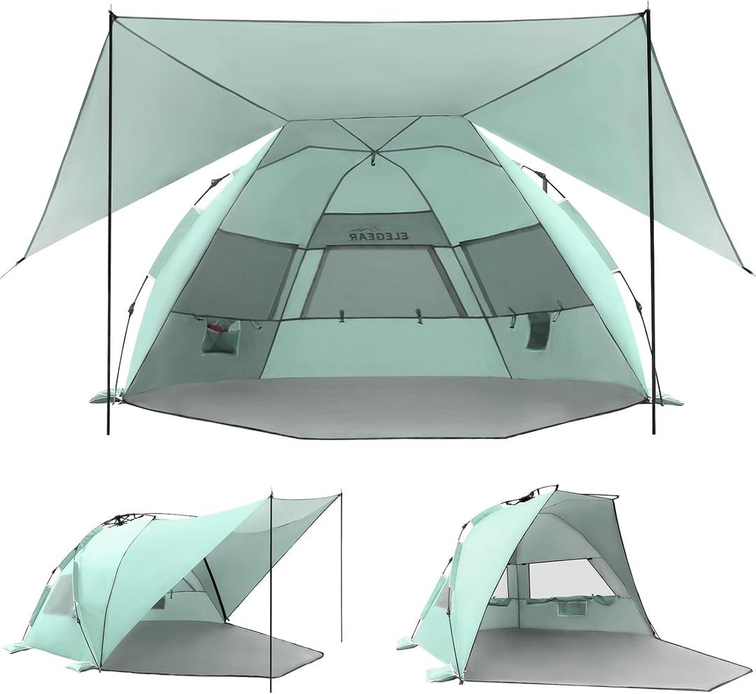 Elegear CumbreX™ Beach Tent with 360° Removable Canopy, 4-6 Person Pop Up Sun Shade Shelter, UPF 50+ Automated Installation Double Silver Coating Portable Lightweight Beach Cabana for Outdoor - Green