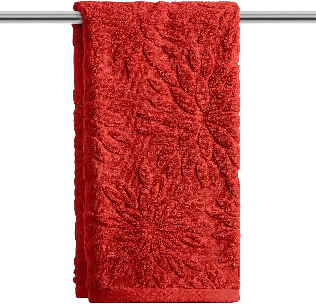 Artoid Mode 1 Pc Red 3D Dahlia Floral Jacquard Spring Hand Towels for Bathroom, 100% Cotton Soft Absorbent Bathroom Decor Towels, 13.7 x 29.5 Inch