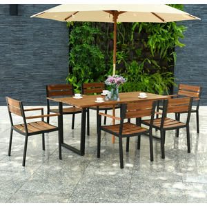 7PCS Patented Patio Dining Chair Table Set Acacia Wood Backyard W/Umbrella Hole