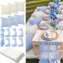 Beeveer 91 x 71 Extra Large Outdoor Boho Picnic Blanket with Table Runner Light Blue, 6 Throw Pillow Covers 6 Napkins Woven Cotton Yarn Oversize Beach Blanket Washable Picnic Camp Wedding