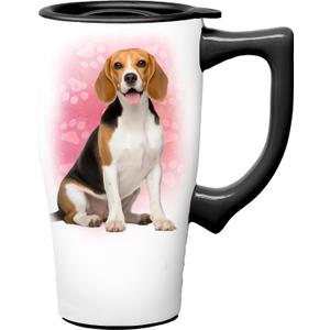 Spoontiques Beagle Ceramic Travel Coffee Mug with Lid and Handle - Spill Proof Lid - Double Walled Mug for Hot and Cold Beverages - Microwave and Dishwasher Safe