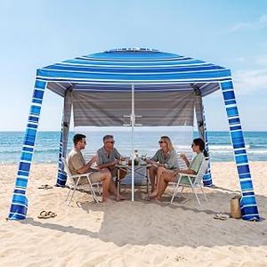 8'x8' Beach Cabana, UPF 50+ Large Beach Canopy with Side Wall, Easy Setup Pop Up Sun Shelter, Adjustable Height & Wind Resistant Beach Tent for 4-6 Person Family, Navy Blue