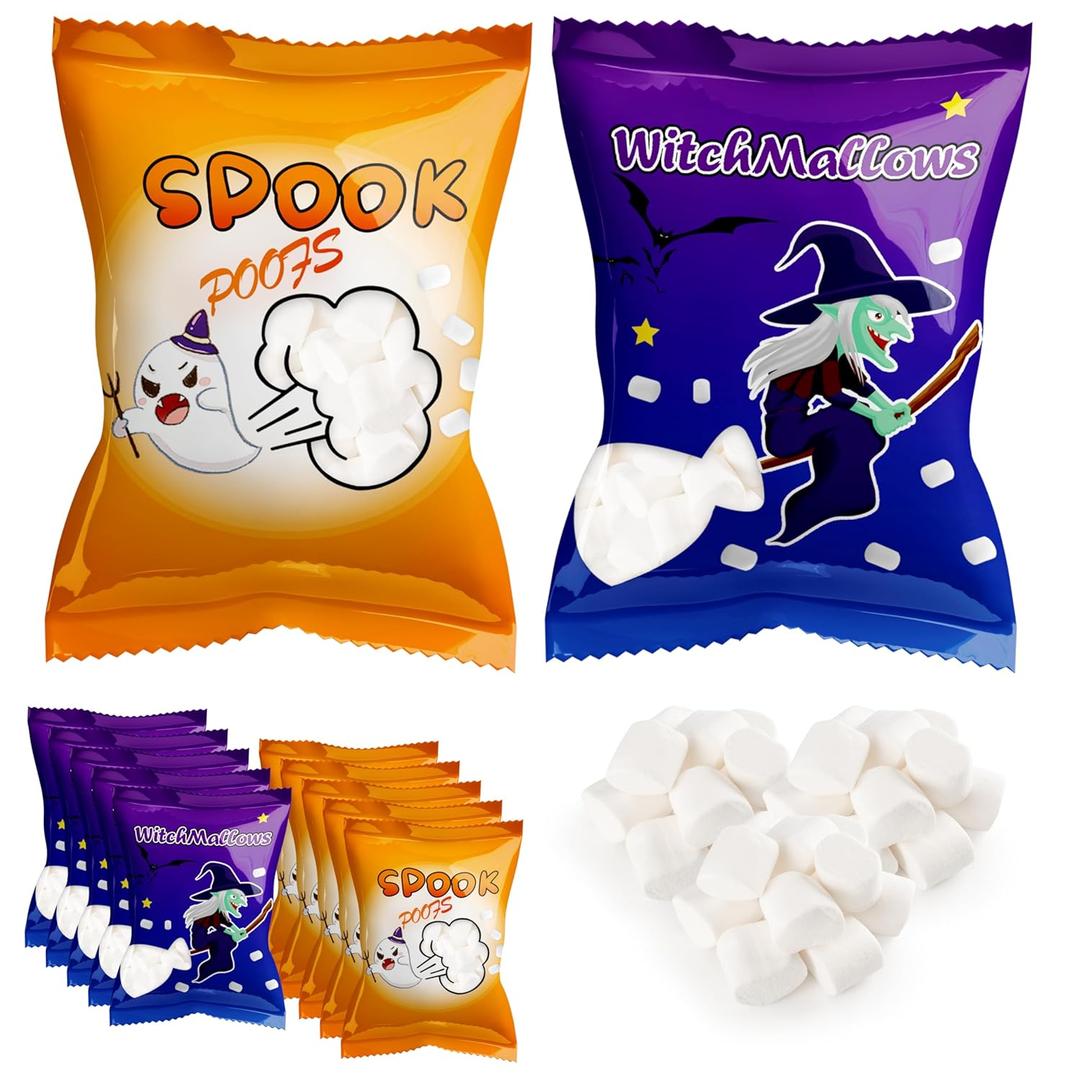 50 Pack Assorted Halloweens Mini Marshmallows Individually Wrapped, Witchmallow & Spook Poof, Vanilla Flavored, Halloweens Themed Snacks Bulk, Kids Fun Halloween Candy Bulk for Trick or Treat