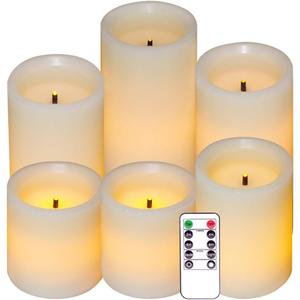 Eldnacele LED Flameless Flickering Candles Optical Fiber Wick with 10-Key Remote Control Timer, Battery Operated Wax Candles Set of 6 Decoration(D3 x H3 4" 5" 6" 7")