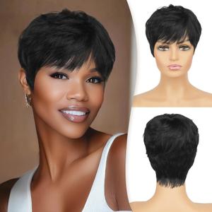 RUWISS Pixie Cut Wig Human Hair Pixie Wigs for Black Women with Bangs Natural Short Black Wig Layered Wavy Different Style Short Wigs for Black Women (1B#) (FH-1198, FH-1198-1B#)