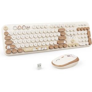 Wireless Keyboard and Mouse Combo, 2.4GHZ Typewriter Retro Full Size Keyboards, Cute Colorful Computer Keyboard and Wireless Mouse for Laptop/Desktop/Windows/PC (Milk Tea Colorful)