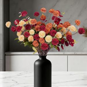 Fall Artificial Chrysanthemum Flowers 10 Stems&2 Eucalyptus,Orange Faux Kiku Pom Pom Mums Dried Flower for Vase,Fake Silk Fall Floral for Table Centerpiece,Faux Flower Arrangements Decoracin de Otoo (Mix)