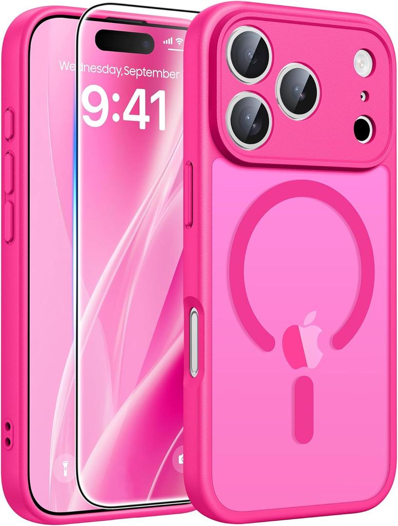 FNTCASE for iPhone 17 Pro Max Case: [Compatible with Magsafe] Translucent Matte Cases with [Full Camera Protection] [Screen Protector] Military Grade Shockproof Protective Phone Cover - Hot Pink