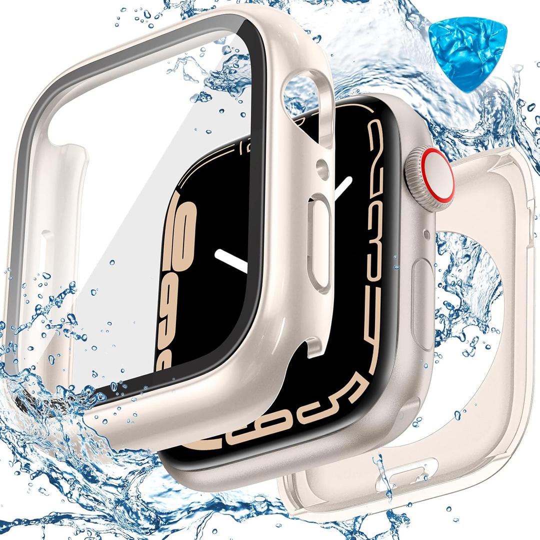 3 in 1 Goton Waterproof Hard Case for Apple Watch Screen Protector 40mm, 360 Slim Full Protective Tempered Glass Face Cover + Back Hard PC Bumper for iWatch SE 3/SE 2/SE, Series 6/5/4,40mm Starlight