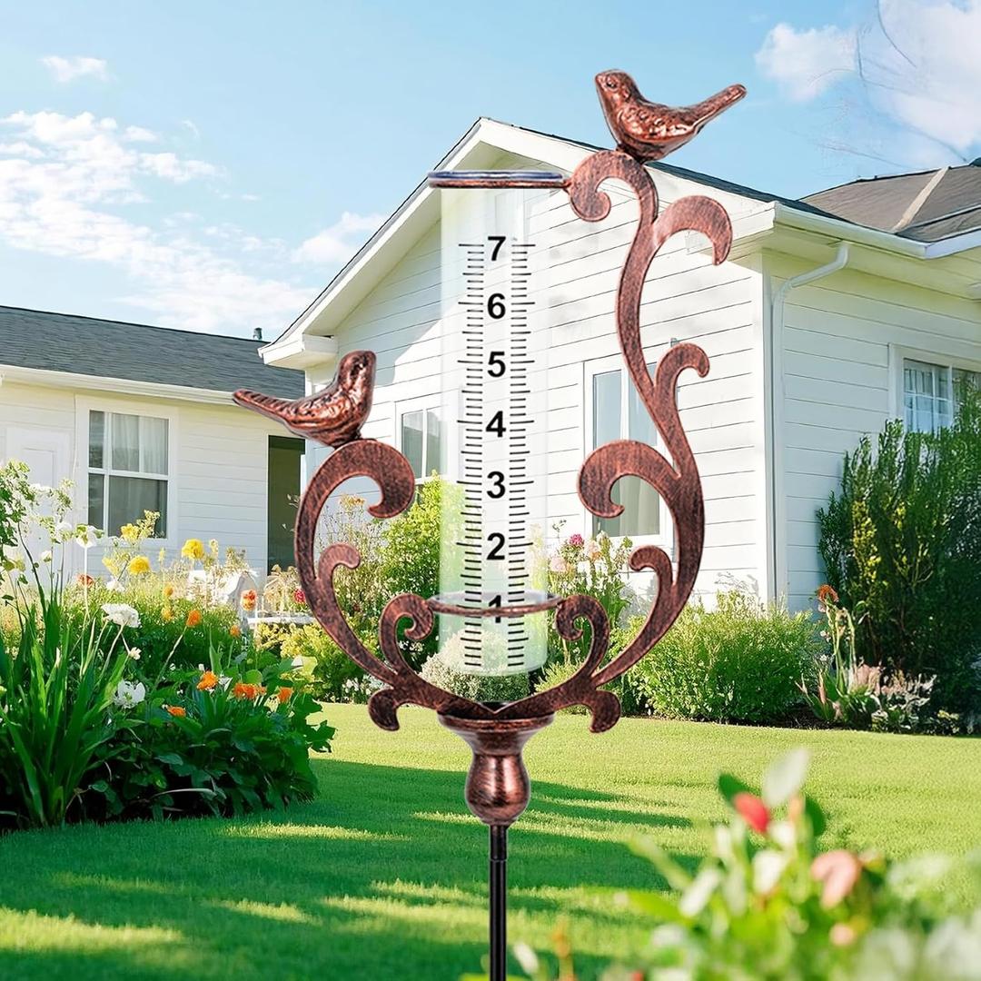 Rain Gauge Outdoor, Cast Iron Bird Rain Gauge - 7" Capacity Plastic Rain Gauge Freeze Proof with Metal Stake Decorative for Garden Yard Patio & Lawn with Large Readable Numbers (Bronze)