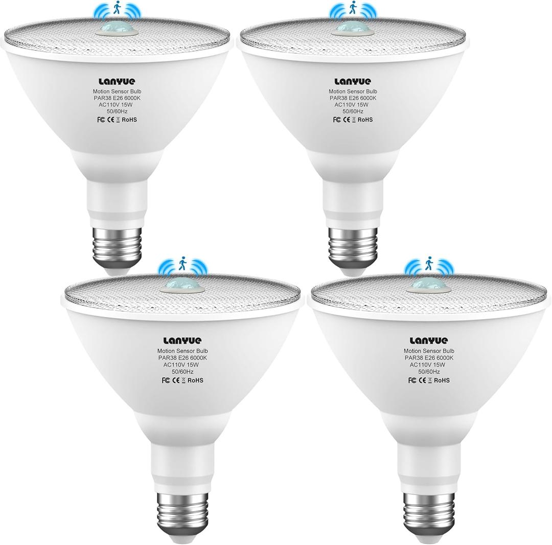 Motion Sensor Light Bulbs, Dusk to Dawn Outdoor Lighting, PAR38 Led Motion Sensor Flood Light 100 Watt Equivalent(15W), 6000K Daylight, Waterproof Outdoor/Indoor,(4 Pack)