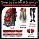 Hercicy 4 Pcs Halloween Day of The Dead Costum for Women Skeleton Mexican Lady Skull Outfit Dress Headpiece Glove Sock (Black, L)