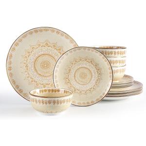 Sweejar Dinnerware Sets Service for 4, 12 pcs Porcelain Plates and Bowls for Kitchen, Housewaring Gift, Chip and Scratch Resistant Dish Set, Handmade Dishwasher and Microwave Safe Plate Set, Bohemian