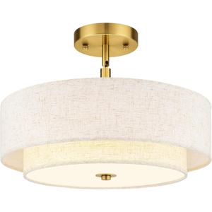 AUTELO 18" Semi Flush Mount Ceiling Light, 3-Light Farmhouse Ceiling Light in Brushed Gold Finish with Drum Fabric Shade, Gold Light Fixtures Ceiling Mount for Hallway Bedroom Kitchen, C2506 BG-18