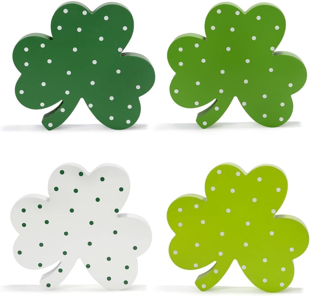 St Patricks Day Shamrock Decorations, 4 Pack 6 Wooden Polka Dot Shamrocks Saint Patty's Irish Holiday Tiered Tray Home Table Shelf Office Desk Decor Set Chunky Clover Tabletop Sign