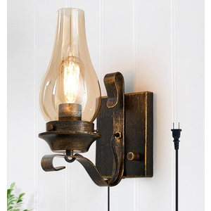 Yisuro Plug in Wall Sconce,Oil Rubbed Bronze Wall Sconces,Retro Rustic Wall Lamps,Sconces Wall Lighting with Amber Glass,Indoor Vintage Bedside Wall Lighting for Living Room Bathroom
